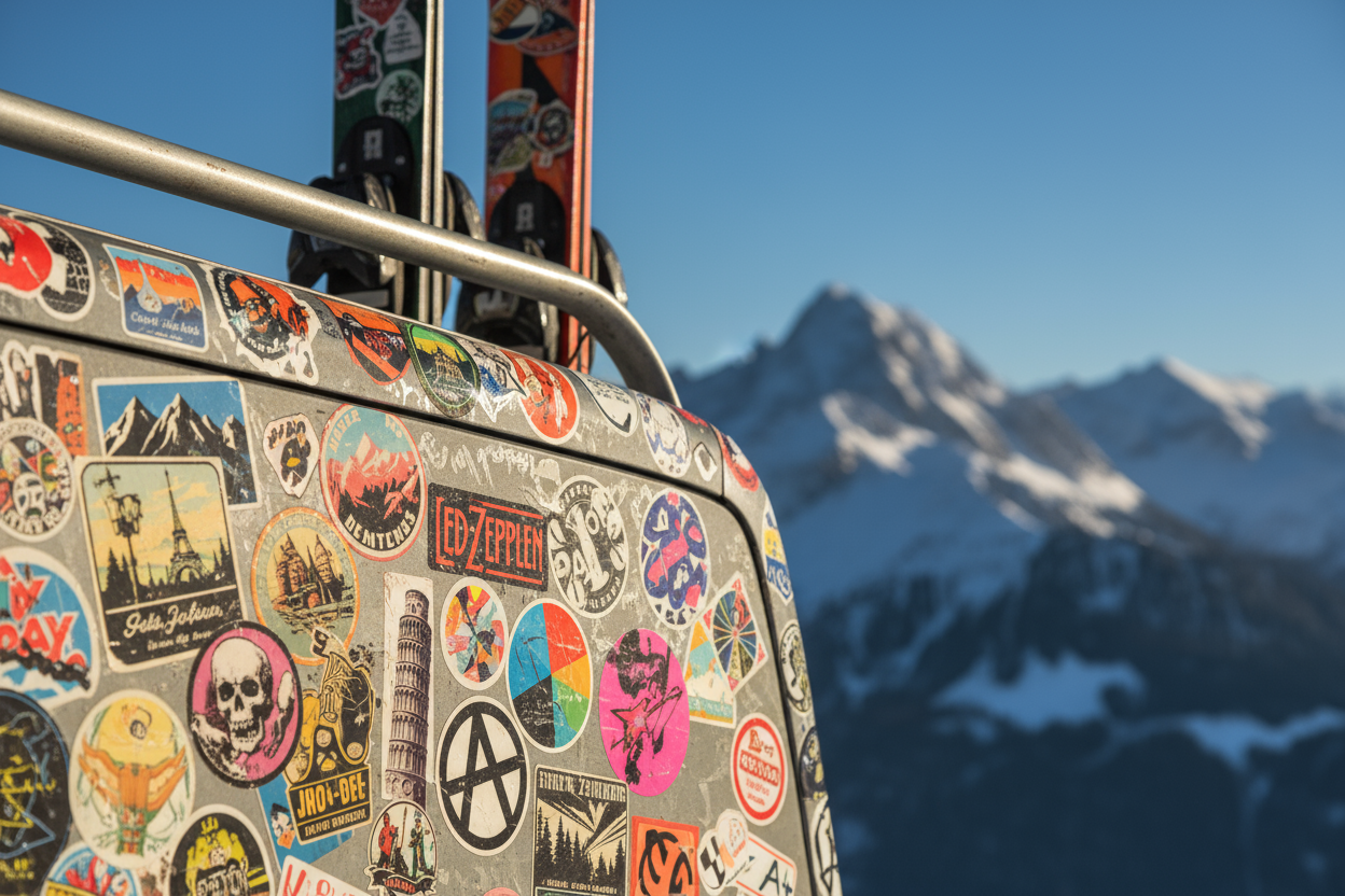 photo of stickers on a ski rack in the mountains